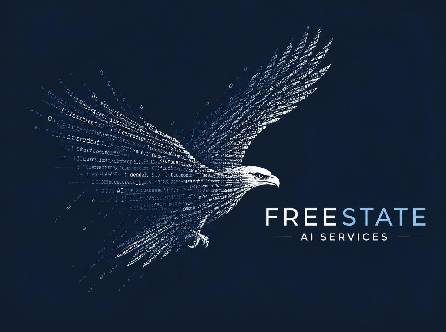 Freestate AI Services eagle logo formed from lines of code
